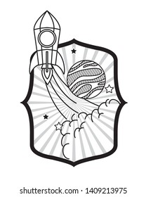 frame with rocket taking off and planets