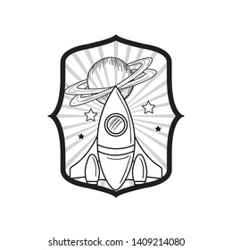 frame with rocket taking off and planets