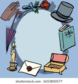 Marco con Elementos románticos. Estilo victoriano. Dibuja a mano doodle. Vector, aislado. Textura de tinta. Sombrero, vela, paraguas, guantes, libro, rosa. 