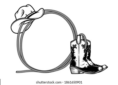 Frame from rope with cowboy boots and hat in engraving style. Design element for poster, card, banner, sign. Vector illustration