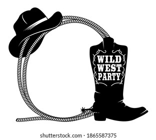 Frame from rope with cowboy boots and hat in engraving style. Design element for poster, card, banner, sign. Vector illustration