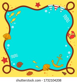 Frame rope decorated with objects on the marine theme: shells, anchor, crab, fish. Cartoon vector. Children's illustration. Template for print, postcards, covers, flyers, menus, banners, posters.