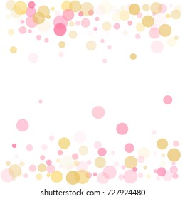 Frame of rose gold confetti circles for christmas card background, holiday vector illustration. Gold, pink and rose color round confetti dots, circles chaotic scatter, trendy rich bokeh background.