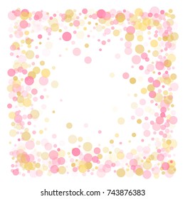 Frame of rose gold confetti circles for christmas card background, holiday vector illustration. Gold, pink and rose color round confetti dots, circles chaotic scatter, trendy rich bokeh background.