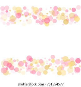 Frame of rose gold confetti circles for christmas card background, holiday vector illustration. Gold, pink and rose color round confetti dots, circles chaotic scatter, trendy rich bokeh background.