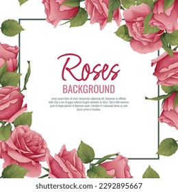 Frame with roses. Border with pink flowers and green leaves. Background, postcard with botanical elements. Vector illustration.