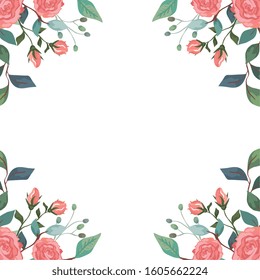 frame of roses with branches and leafs isolated icon vector illustration design