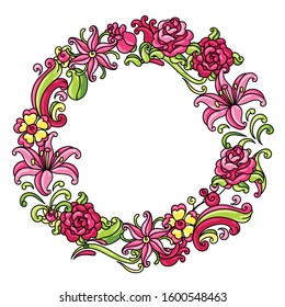 Frame with roses and lilies. Beautiful decorative flowers, buds and leaves.