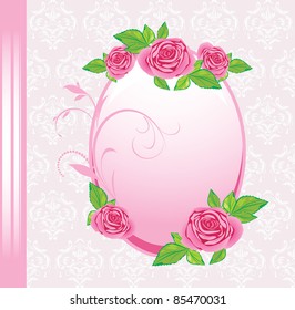 Frame with roses on the decorative background. Festive card. Vector