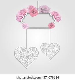 Frame with roses and openwork hearts on grey background