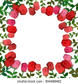 Frame of roses. Red background beautiful flowers and location for  text. Vector illustration
