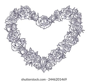 Frame of roses sticker monochrome with beautiful flowers in shape of heart to decorate newlyweds photo vector illustration