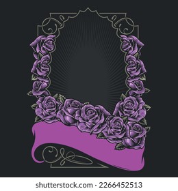 Frame of roses template colorful with ribbon and lines in retro style with place for image among flowers vector illustration