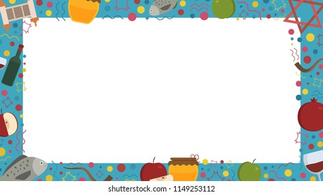 Frame with Rosh Hashanah holiday flat design icons. Template with space for text, isolated on background.