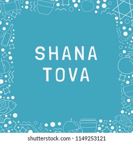 Frame with Rosh Hashanah holiday flat design white thin line icons with text in english "Shana Tova". Template with space for text, isolated on background.