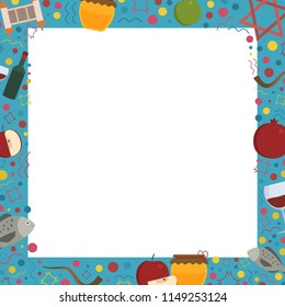 Frame with Rosh Hashanah holiday flat design icons. Template with space for text, isolated on background.