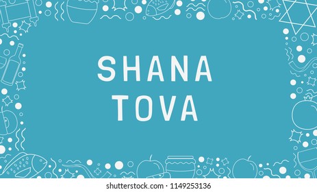 Frame with Rosh Hashanah holiday flat design white thin line icons with text in english "Shana Tova". Template with space for text, isolated on background.
