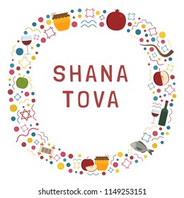 Frame with Rosh Hashanah holiday flat design icons with text in english "Shana Tova". Template with space for text, isolated on background.