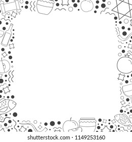 Frame with Rosh Hashanah holiday flat design black thin line icons. Template with space for text, isolated on background.