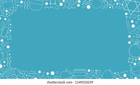 Frame with Rosh Hashanah holiday flat design white thin line icons. Template with space for text, isolated on background.