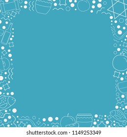 Frame with Rosh Hashanah holiday flat design white thin line icons. Template with space for text, isolated on background.
