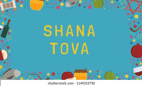 Frame with Rosh Hashanah holiday flat design icons with text in english "Shana Tova". Template with space for text, isolated on background.