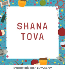 Frame with Rosh Hashanah holiday flat design icons with text in english "Shana Tova". Template with space for text, isolated on background.