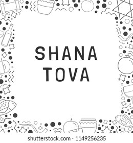 Frame with Rosh Hashanah holiday flat design black thin line icons with text in english "Shana Tova". Template with space for text, isolated on background.