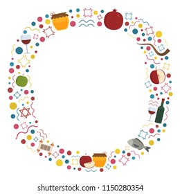 Frame with Rosh Hashanah holiday flat design icons. Template with space for text, isolated on background.