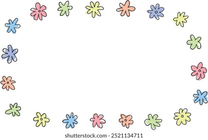 Frame of rough flowers doodle with color. Ink pen texture. Hand drawn illustration vector. Copy space.