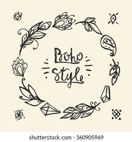 Frame round chalked in boho style. Fashion hippie elements for your design.