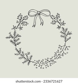 Frame round for congratulations Happy New Year minimalist style vector illustration. Ink drawn festive template with spruce branches and rowan for text. Boho style background design element 