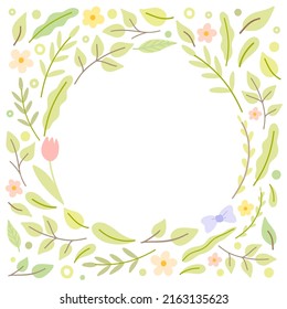 Frame with a round cutout of leaves, branches, flovers and bow. Isolated on white. Sweet flat style vector illustration. 