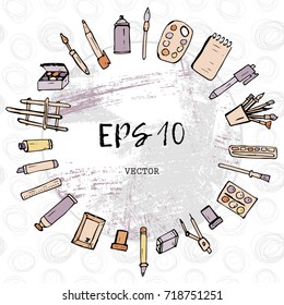Frame round of doodles on a theme of drawing tools. vector. hand drawing. Vintage Lace Doily. Can be used for packaging, invitations.