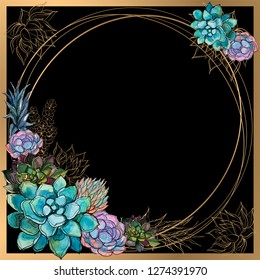 The frame is round. Gold frame with succulents flowers. Watercolor. Graphics