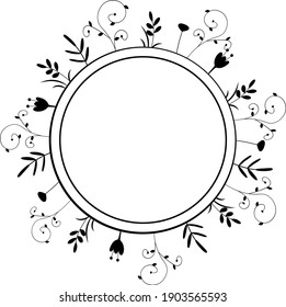 The frame is round with leaves and flowers. Template, blank for a logo, emblem, billboard, etc. Vector outline illustration, isolate.