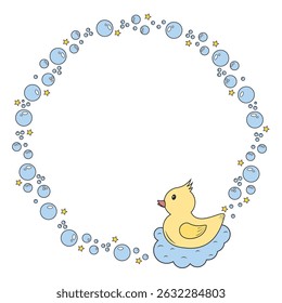 The frame is round made of foam bubbles with a duck for decoration and decoration