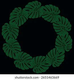 O quadro é redondo feito de folhas verdes em um fundo escuro. Decoração para postais e saudações, para impressão. Desenho de mão de vetor de botânica tropical.