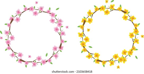 Frame round peach blossom and apricot blossom flower happy new year 