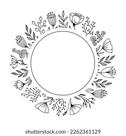 Forma de marco redondeado con doodle de flores y hierbas. Ilustración de vector monocromo dibujada a mano para tarjeta de felicitación e invitación.