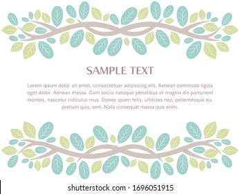 Frame of round and sharp leaves with leaf veins and tree branches.
Version placed above and below.