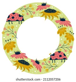 Frame round spring with ladybug and sunflower isolated on white background. Flower and insects with branch on a green background. Vector illustration in flat style