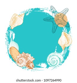 Frame with a round  turquoise spot and a various seashells.  Hand-drawn vector  illustration on a white background. Print.