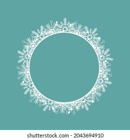 Frame. Round white frame made of snowflakes. Perfect for decorating social networks, photos and text. Christmas frame. Vector.