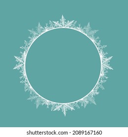 Frame. Round white frame made of snowflakes. Perfect for decorating social networks, photos and text. Christmas frame. Vector.