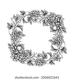 The frame is a round wreath with vines and bunches of grapes. Vector graphics, black and white hand-drawn illustration. Isolate on a white background. An element of packaging, label design and posters