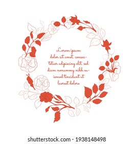Frame with Roundish Shape made with Hand Drawn Outlined and Colored leaves of Dog-Rose Placed Separately. Vector Illustration for Traditional Medicine Products, Posters, Designs.