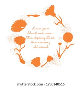 Frame with Roundish Shape made with Hand Drawn Outlined and Colored leaves of Desert Marigold Placed Separately. Vector Illustration for Traditional Medicine Products, Posters, Designs.