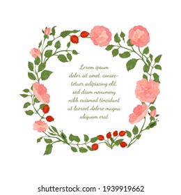 Frame with Roundish Shape made with Hand Drawn Colorful Twigs, Leaves, Flowers and Buds of a Dog-Rose. Vector Illustration for Traditional Medicine Products, Posters, Designs.