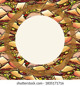 Frame of sandwiches, circle, cartoon style, transparent border, frame, cook, round, cafe, restaurant, square, baguettes, burgers, menu, banner, poster, card, invitation, postcard, tasty, text space